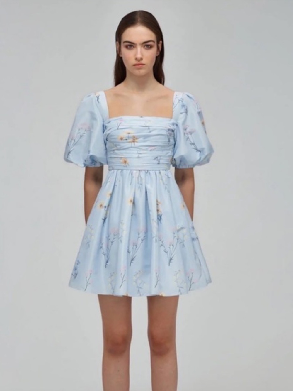 Self-Portrait Elegant Light Blue Floral Puff-Sleeve Dress